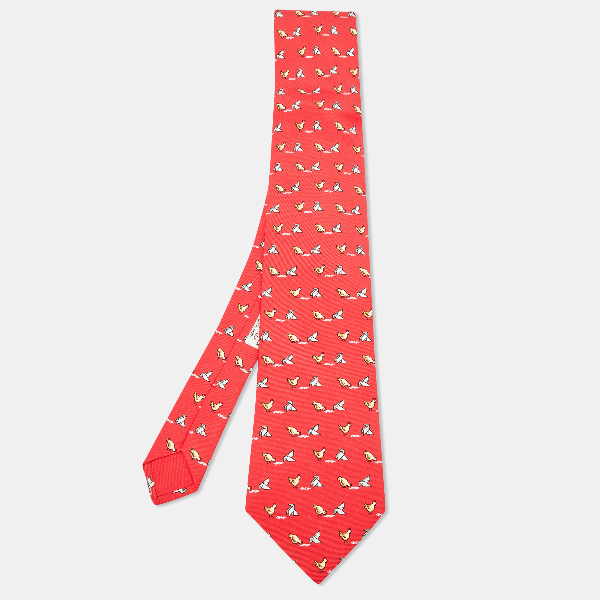 

Hermès Red Whimsical Chickens Print Silk Classic Tie