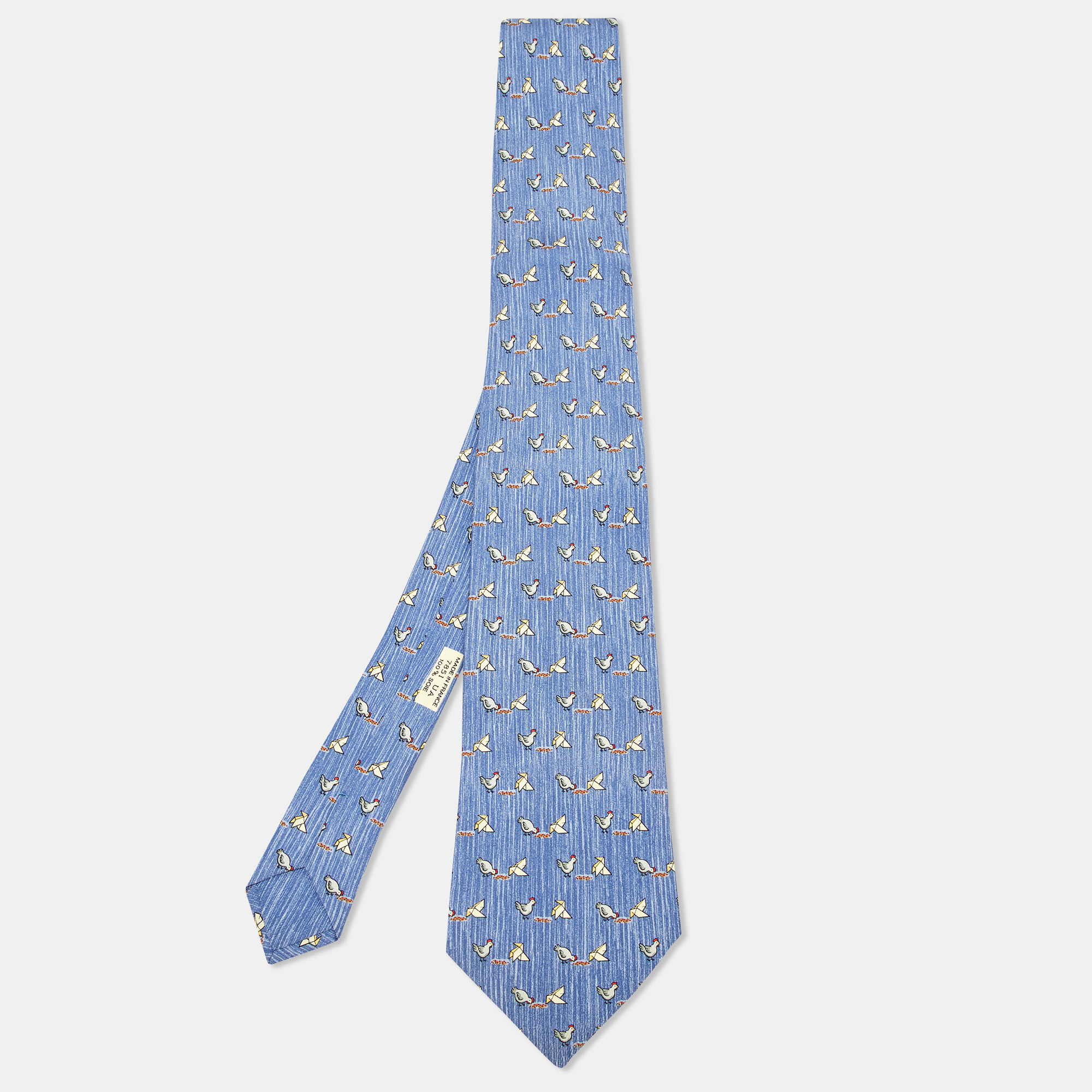 

Hermès Blue Whimsical Chickens Print Silk Classic Tie