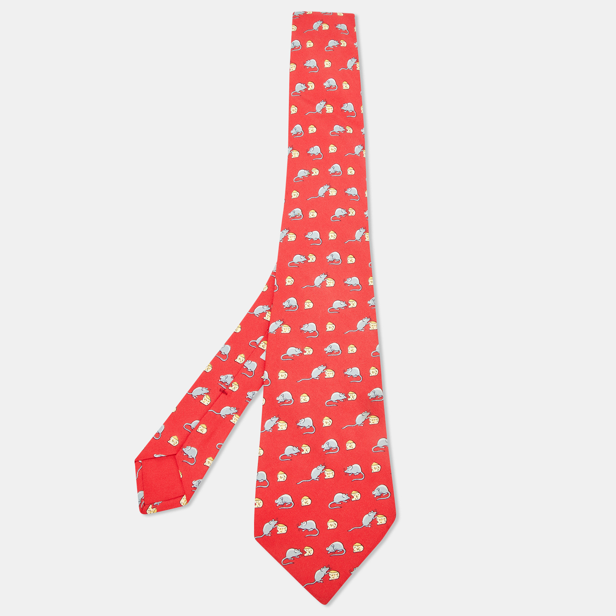 

Hermès Red Mouse and Cheese Print Silk Classic Tie