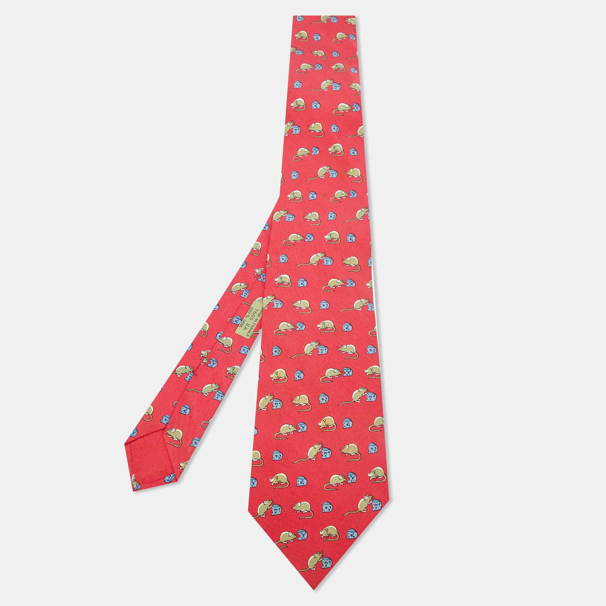 

Hermès Red Mouse and Cheese Print Silk Classic Tie