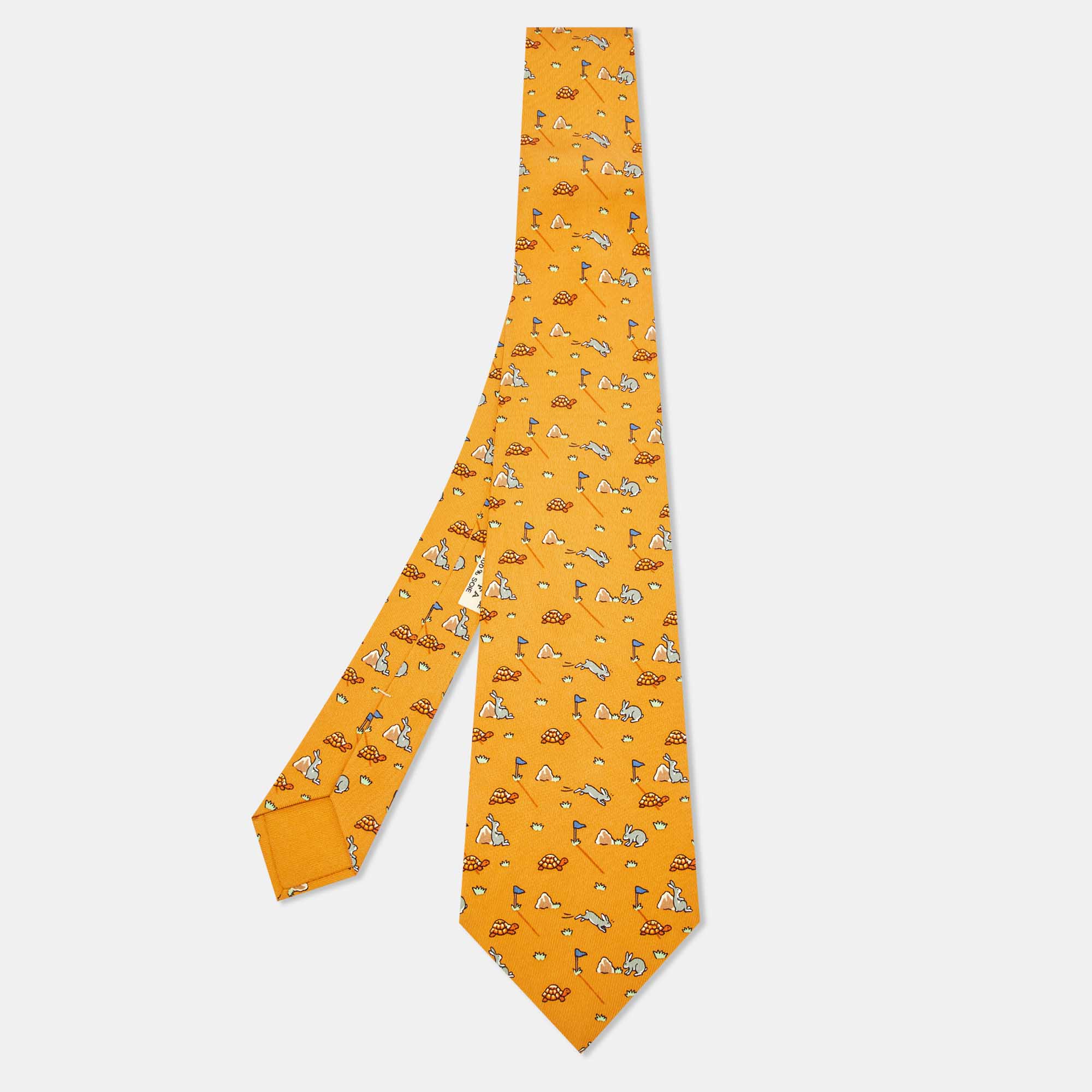 

Hermès Mustard Bunny/Turtle Print Silk Classic Tie, Yellow