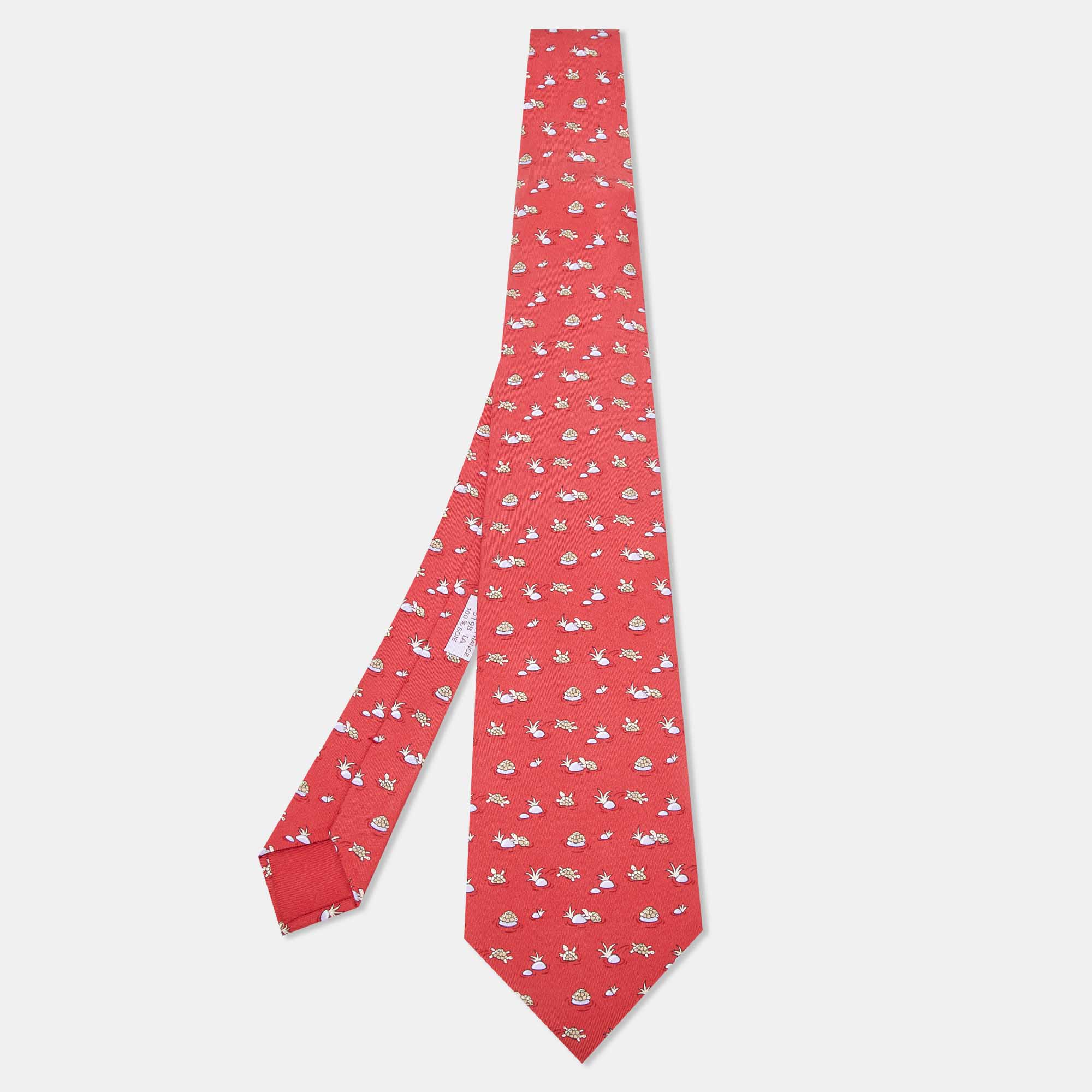 

Hermès Red Whimsical Turtles Print Silk Classic Tie