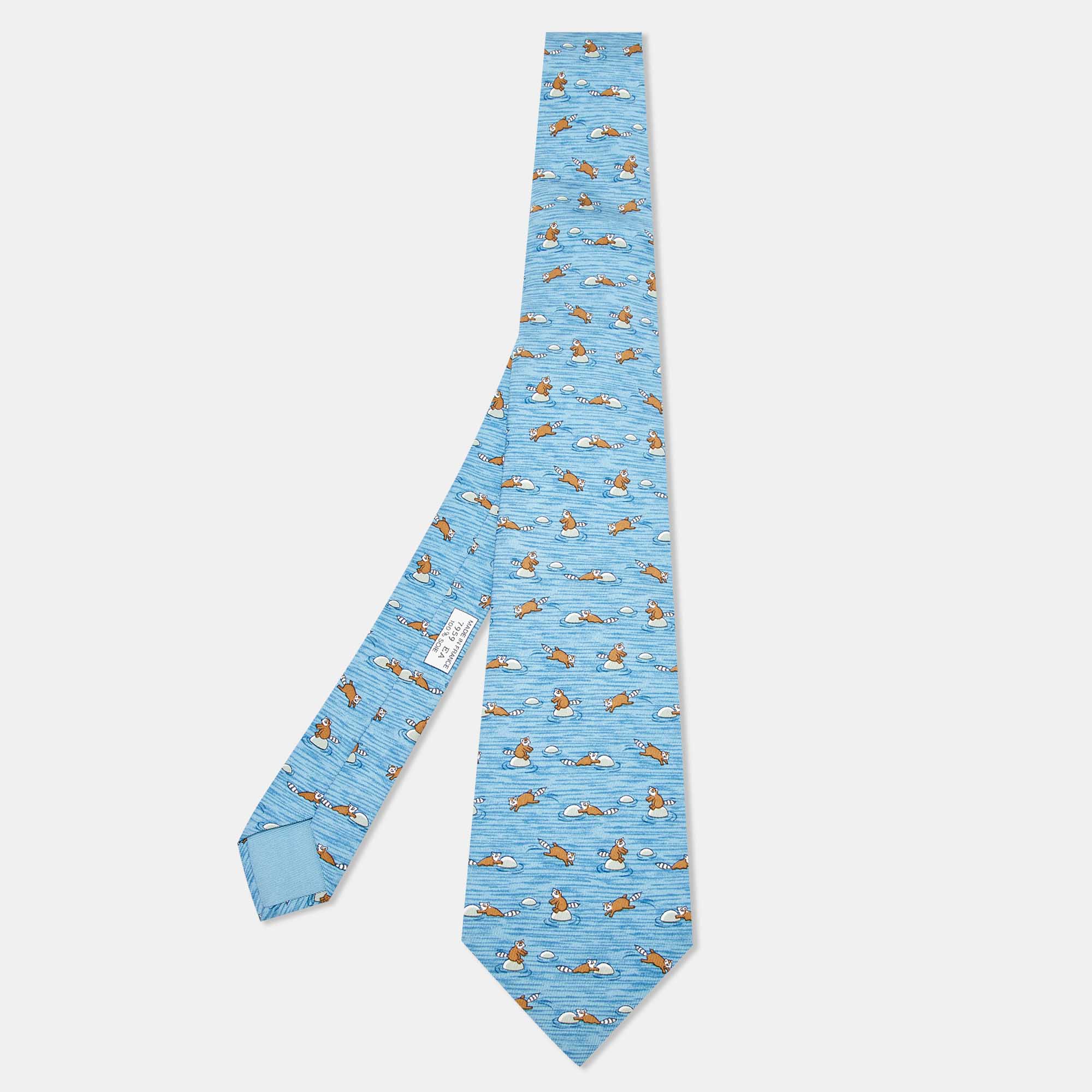 

Hermès Blue Raccoon Print Silk Classic Tie