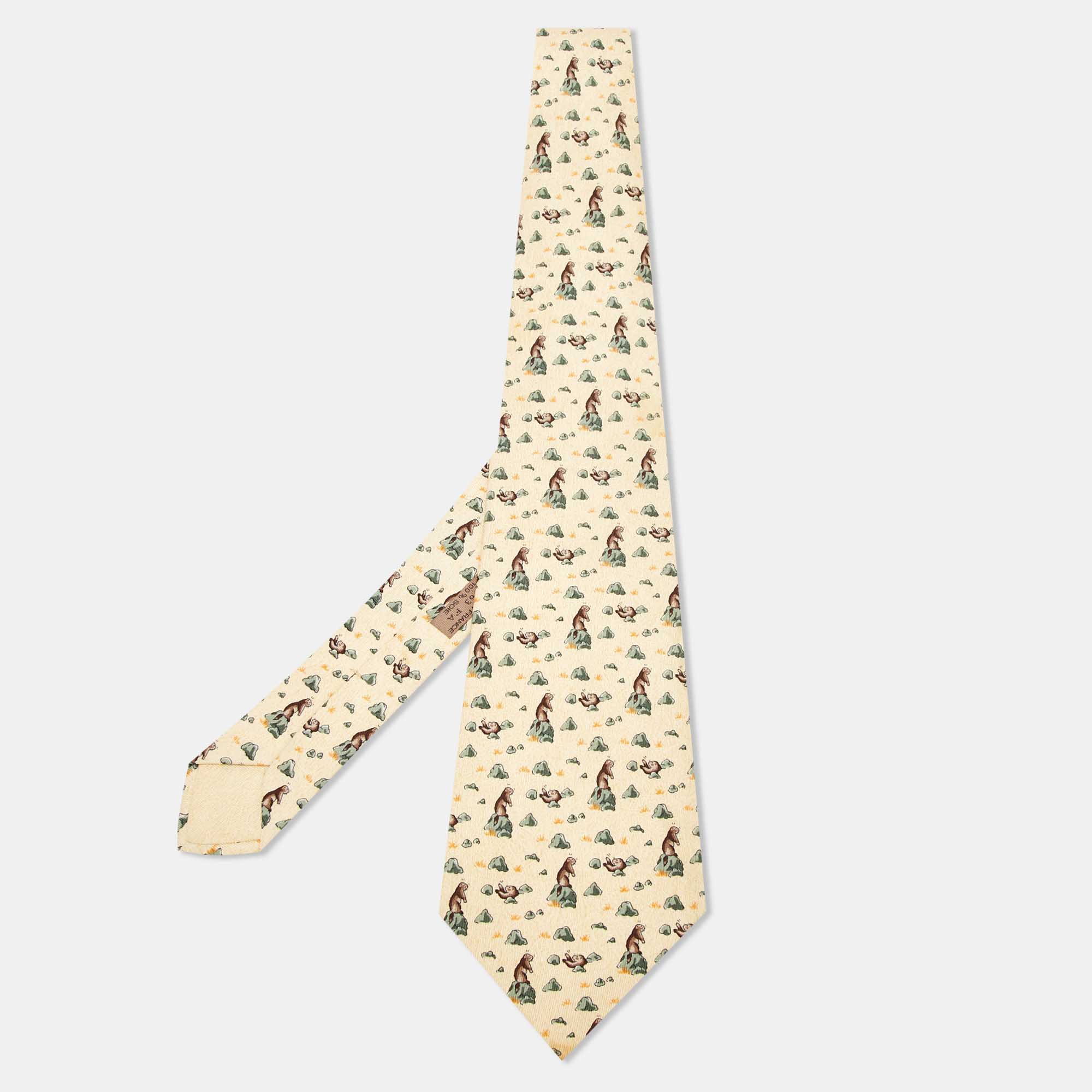 

Hermès Multicolor Groundhogs Print Silk Classic Tie