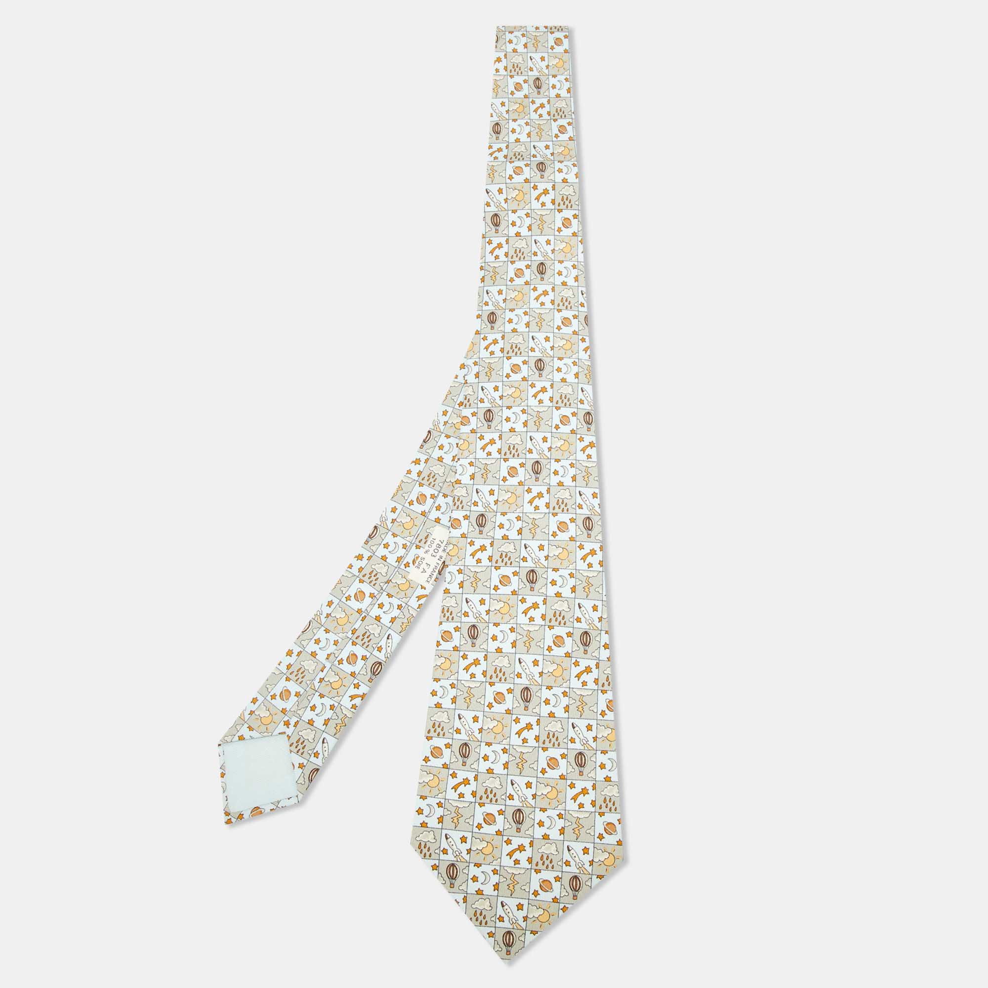 

Hermès Multicolor Whimsical Space and Weather Pattern Silk Classic Tie, Yellow