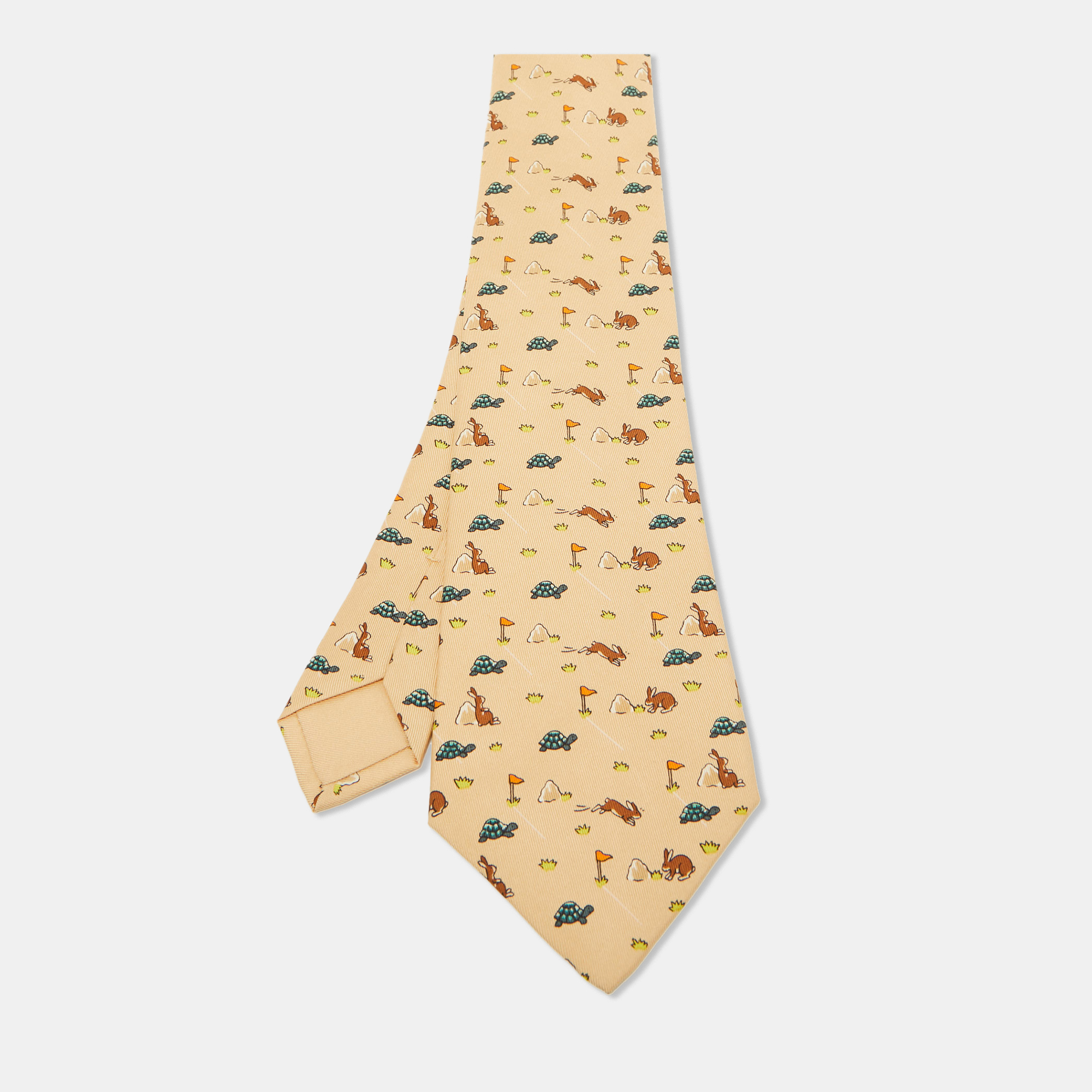 

Hermes Beige Turtle & Hare Race Print Silk Tie