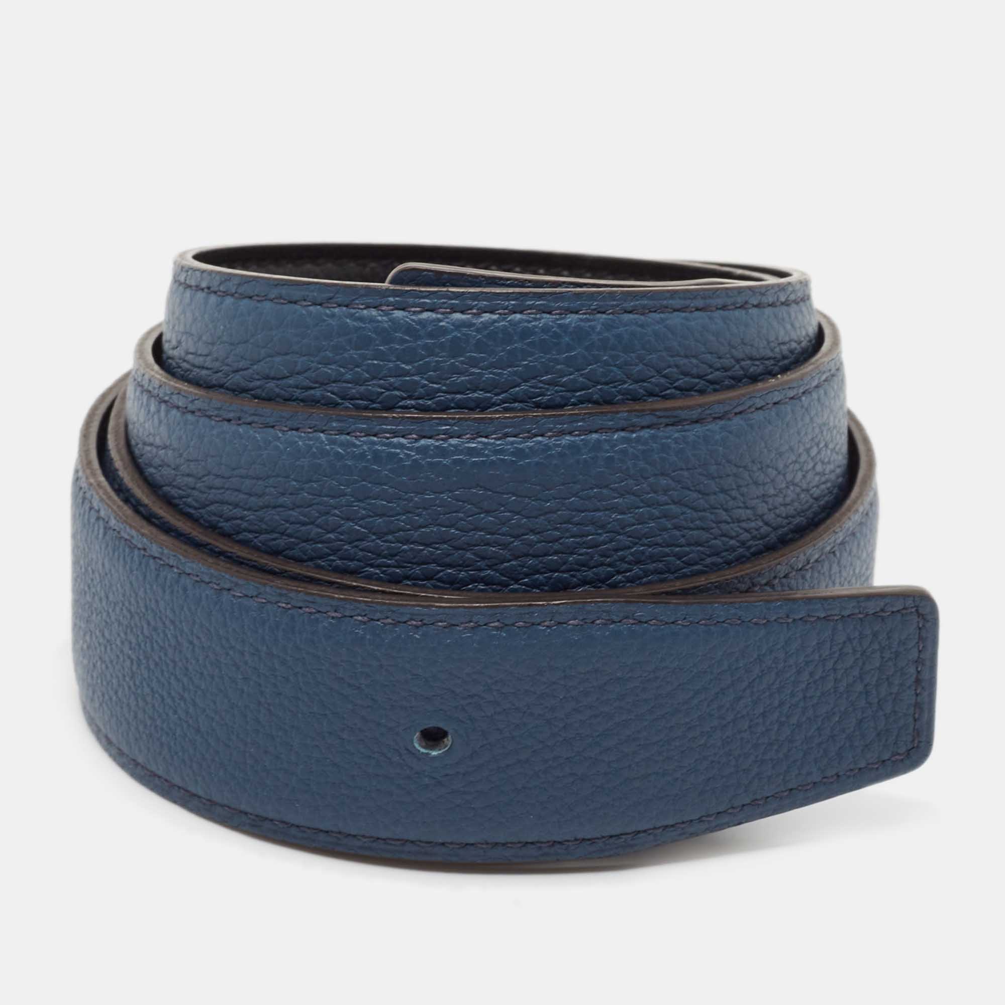 

Hermes Bleu/Noir Evergrain and Box Leather Reversible Belt Strap, Blue