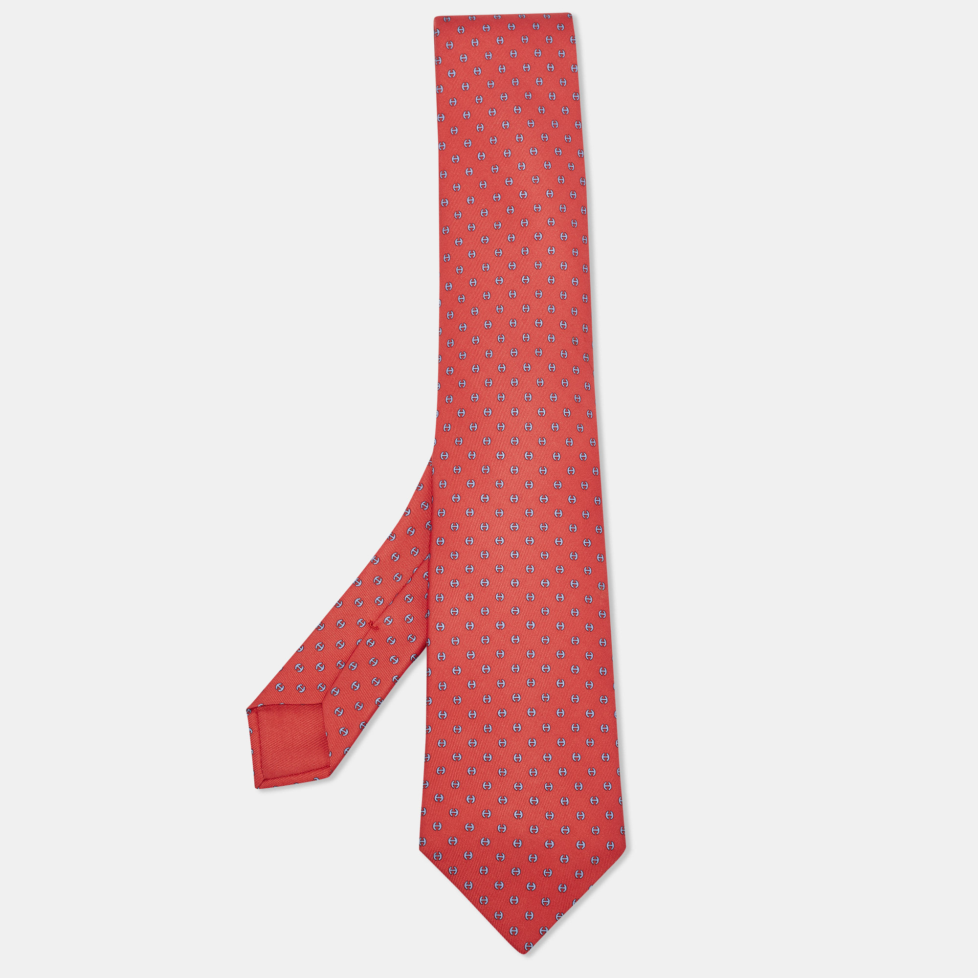 

Hermès Rouge Vif/Ciel Silk Twill H Tonneau Tie, Red