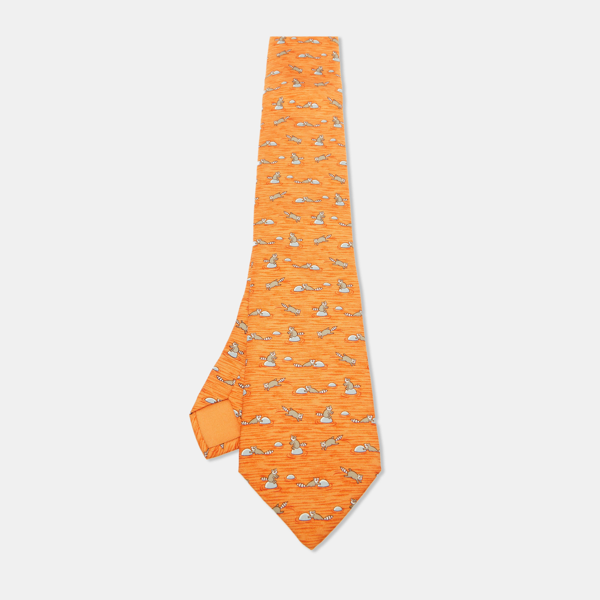 

Hermes Orange Raccoon Print Silk Tie