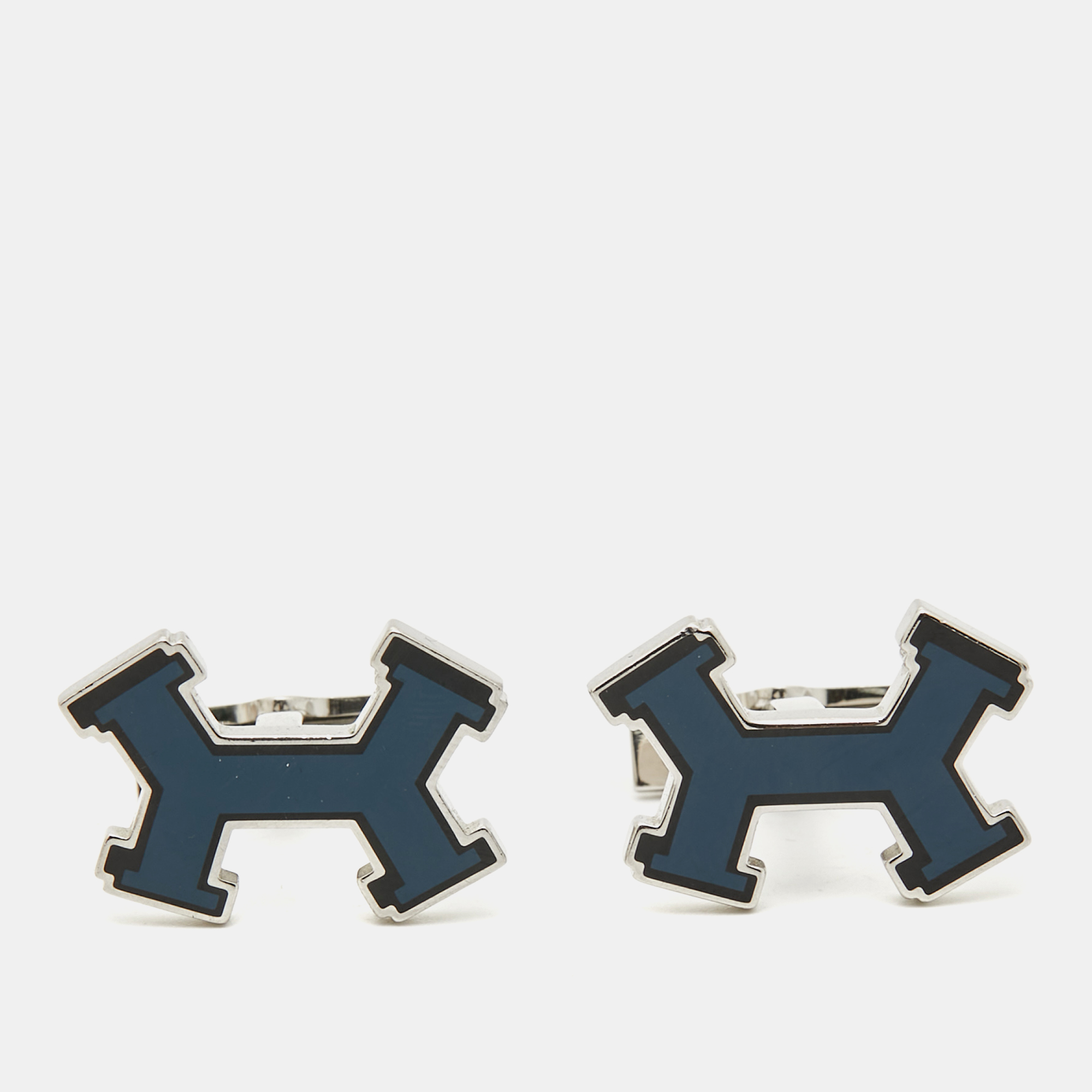 

Hermès Dark Blue Street H Enamel Palladium Plated Cufflinks