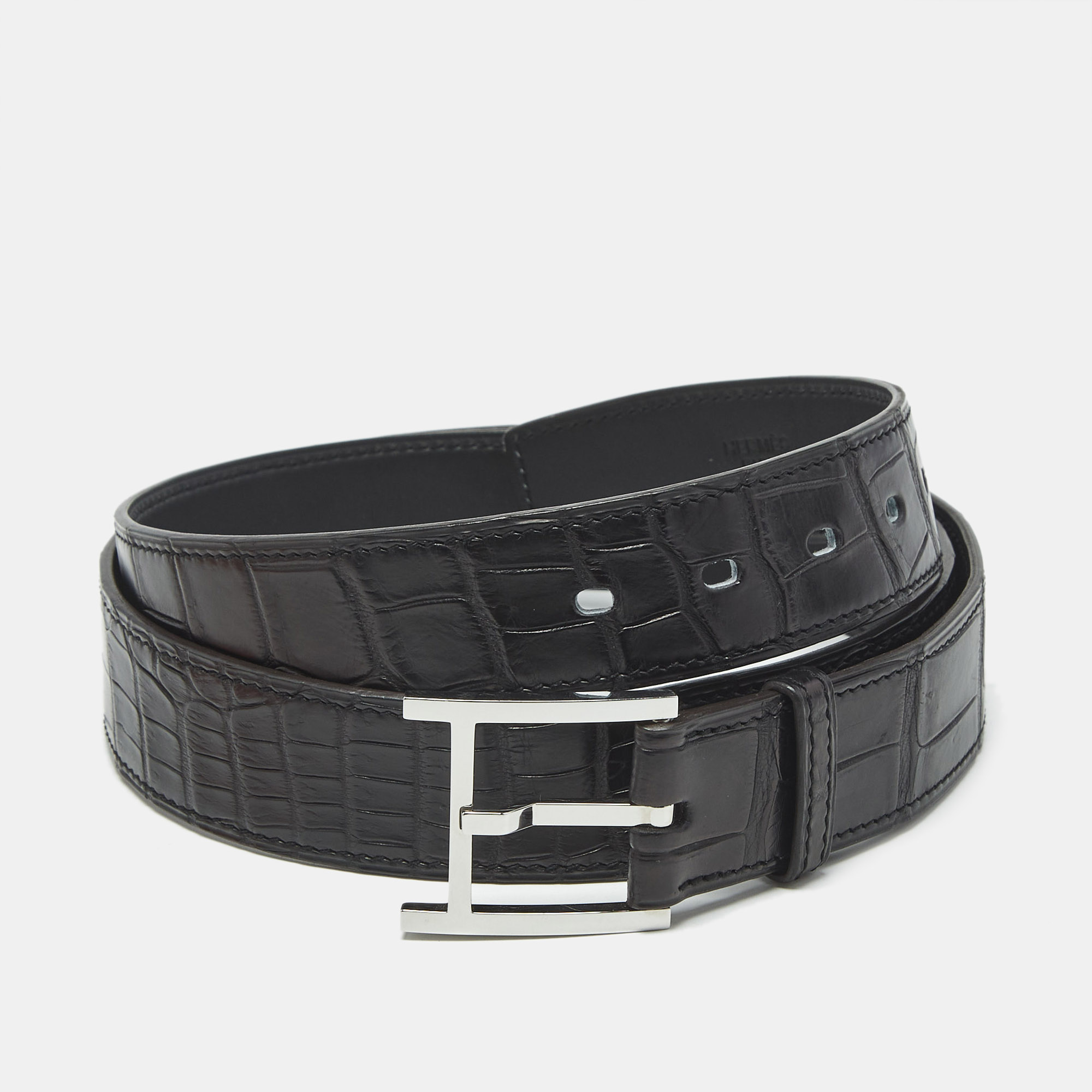 Hermes Noir Crocodile Porosus H Buckle Belt 95 CM