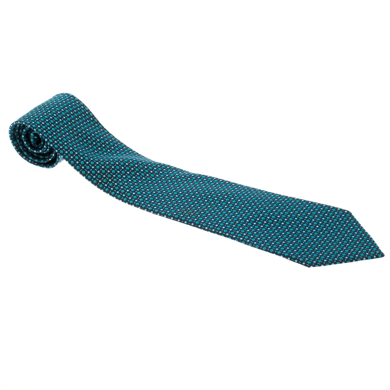 Pre Owned Hermes Blue Floral Printed Silk Tie