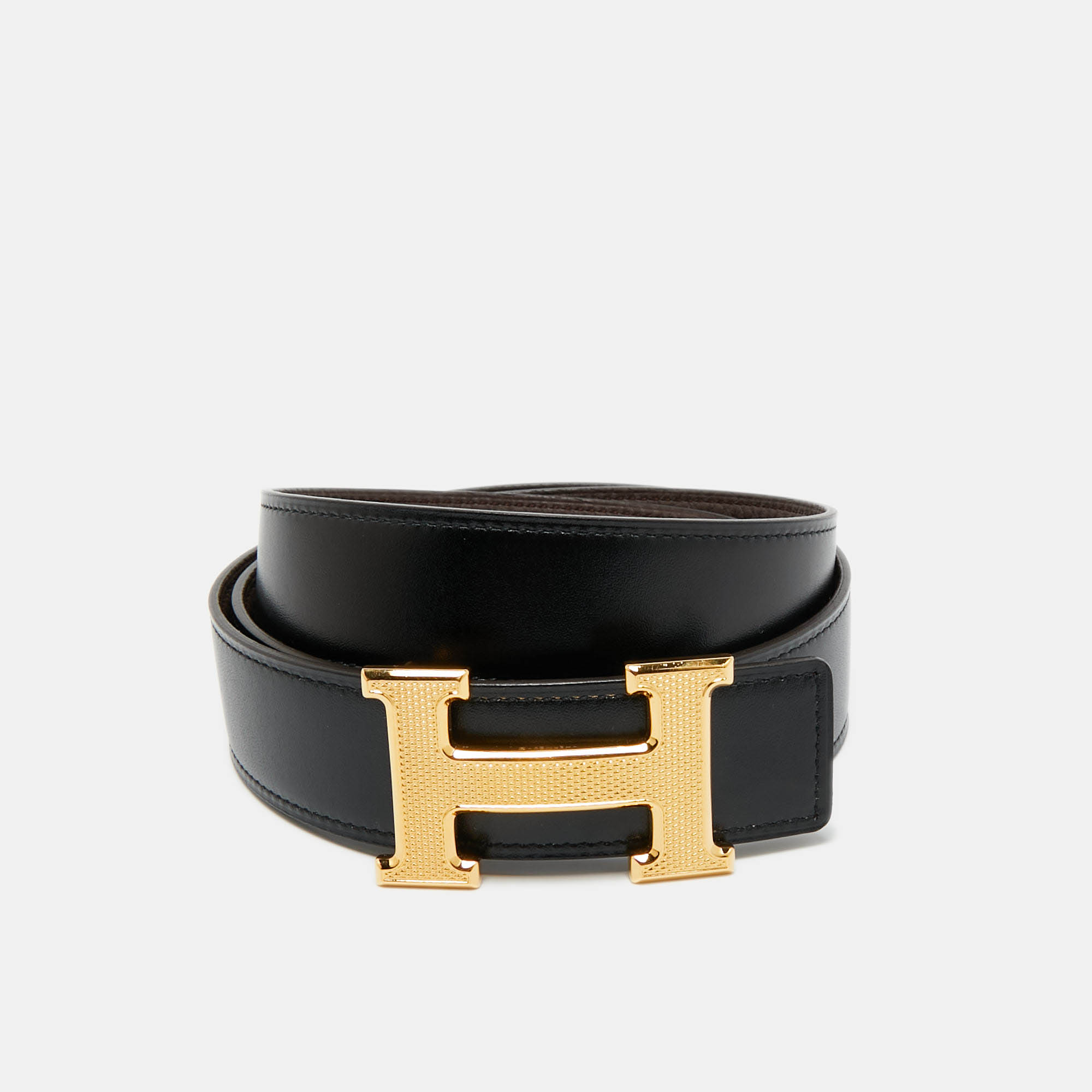 

Hermes Noir/Cacao Box and Togo Leather Guillochee H Buckle Reversible Belt, Black