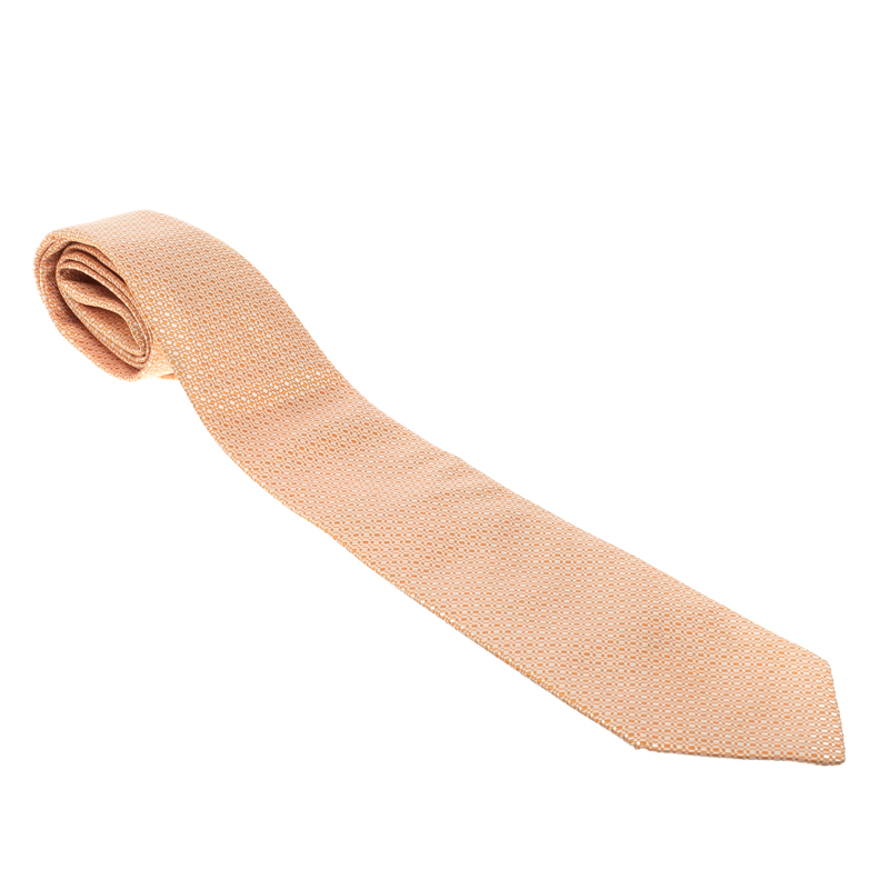 Pre Owned Hermes Orange Jacquard Patterned Silk Tie