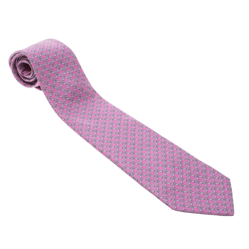 Hermes Pink Chain Link Printed Silk Tie 