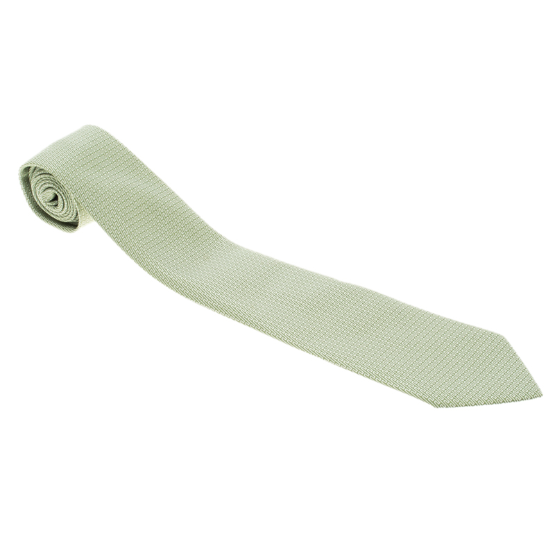 Pre Owned Hermes Green H Figure Pattern Silk Jacquard Tie
