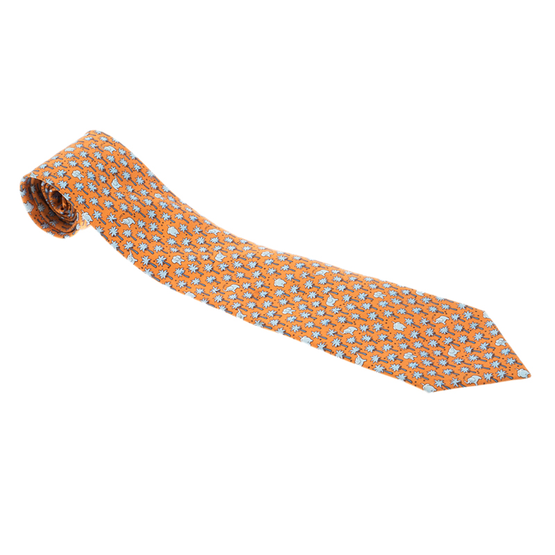 Pre Owned Hermes Orange Elephant and Tree Print Silk Tie