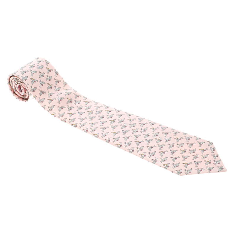 Pre Owned Hermes Pink Dolphin Print Silk Tie