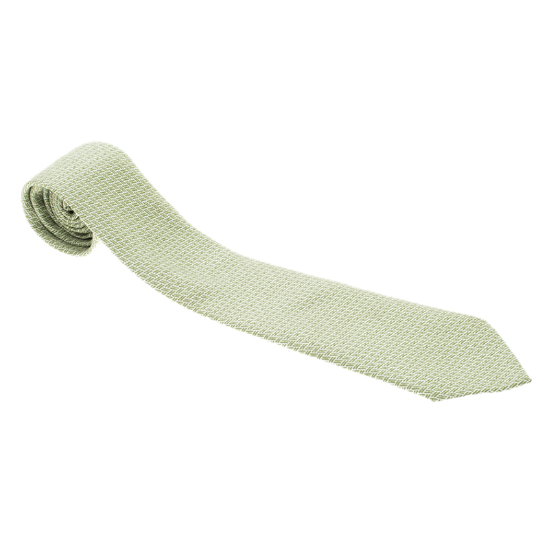 Pre Owned Hermes Green H Pattern Silk Jacquard Tie