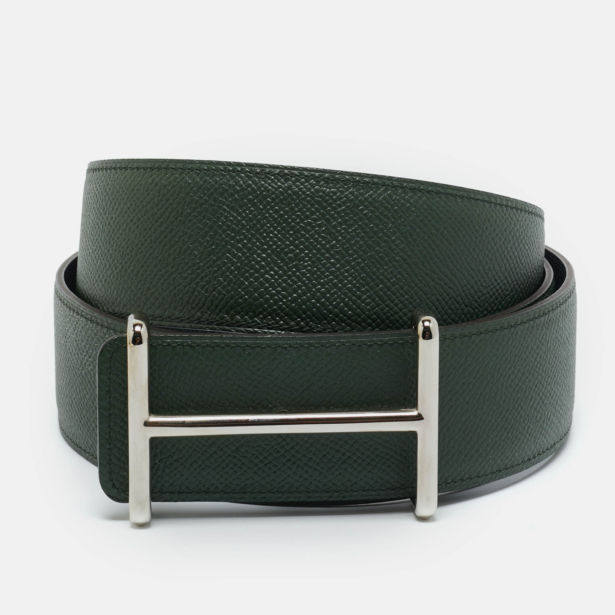 Herm&egrave;s Vert Anglais/Black Epsom Leather Idem Reversible Belt 100CM