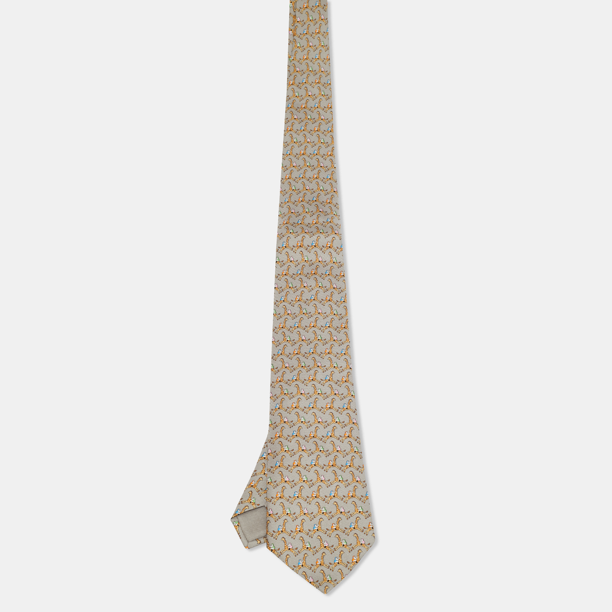 Pre-owned Hermes Hermès Grey Giraffe Riding Print Silk Tie In Gray