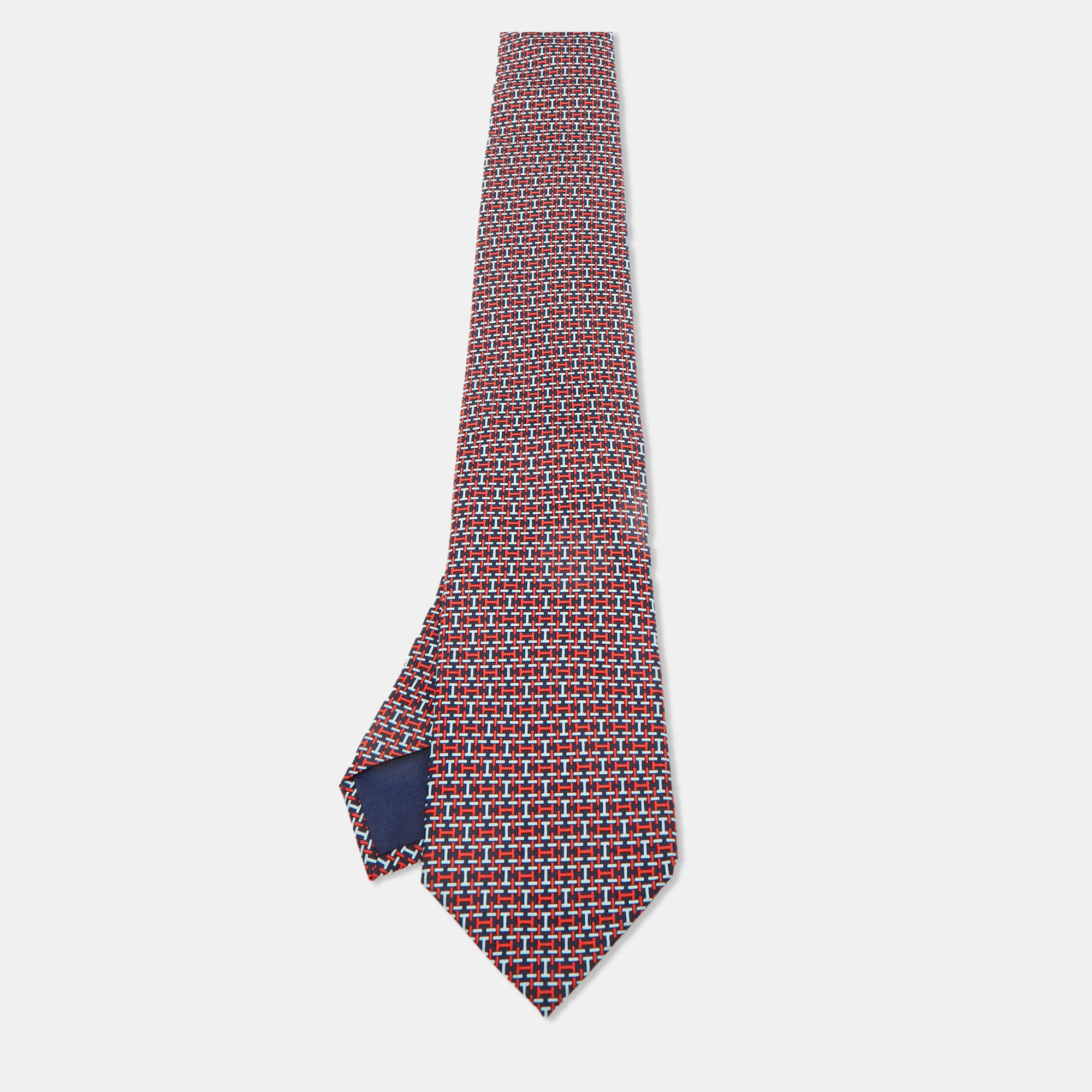 Pre-owned Hermes Hermès Navy Blue/red All-over H Print Silk Tie