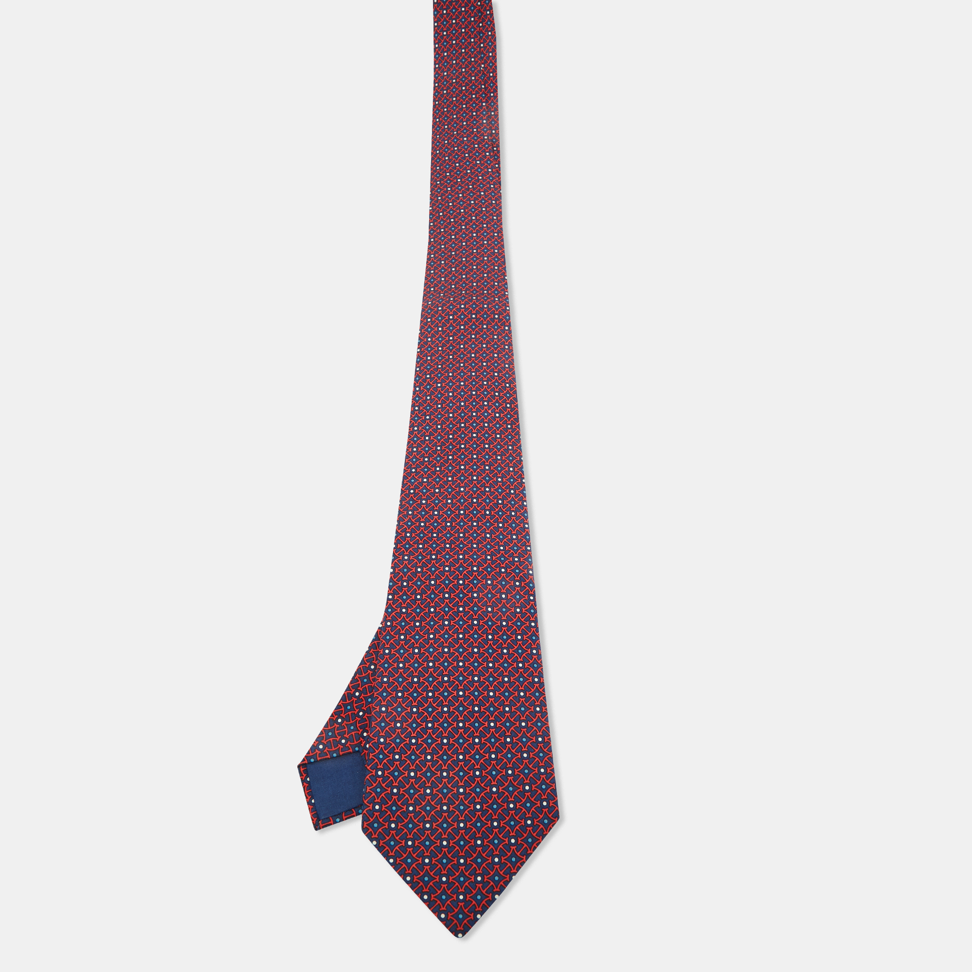

Hermès Navy Blue/Red Geometric Print Silk Traditional Tie