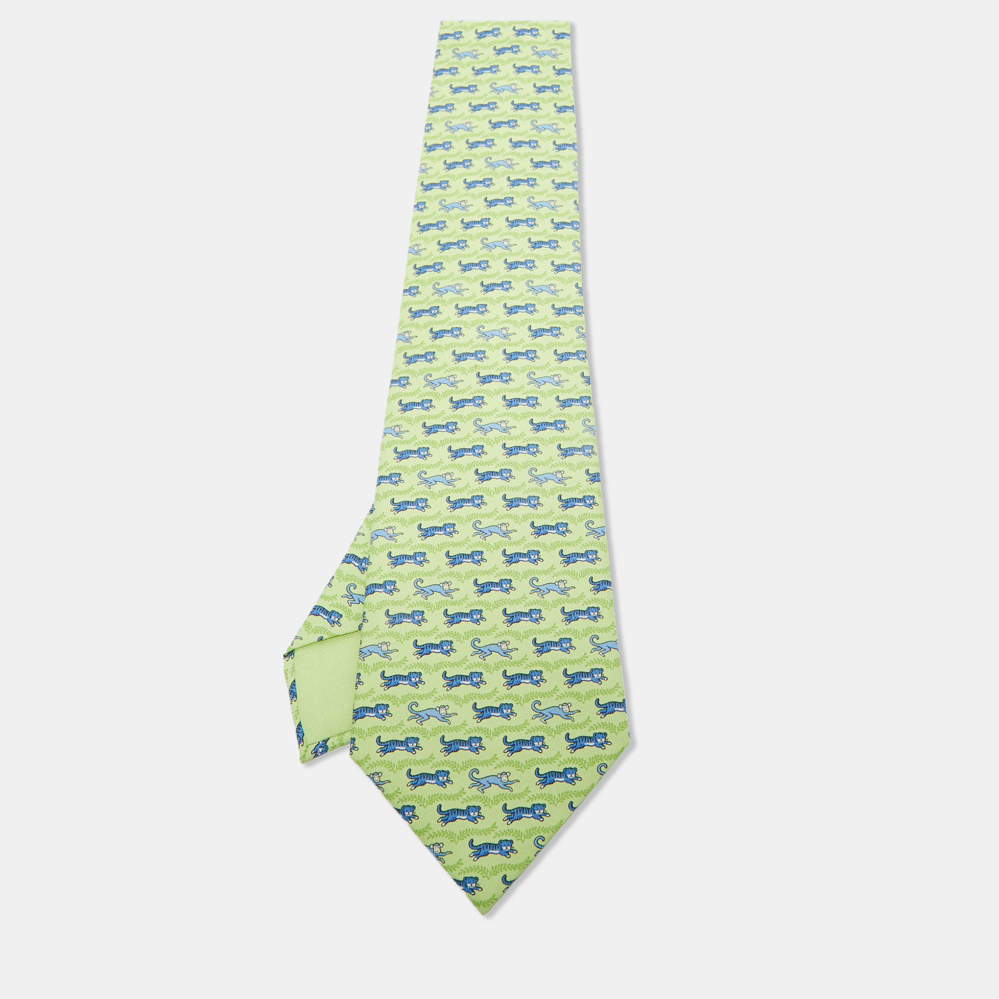 

Hermes Green Tiger and Monkey Print Silk Traditional Tie