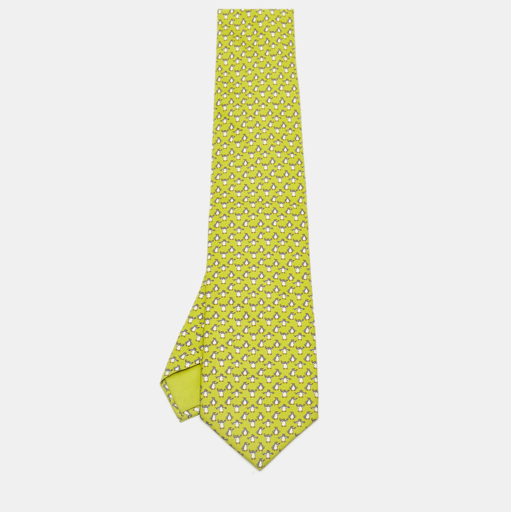Pre-owned Hermes Hermès Green Whimsical Penguins Print Silk Tie