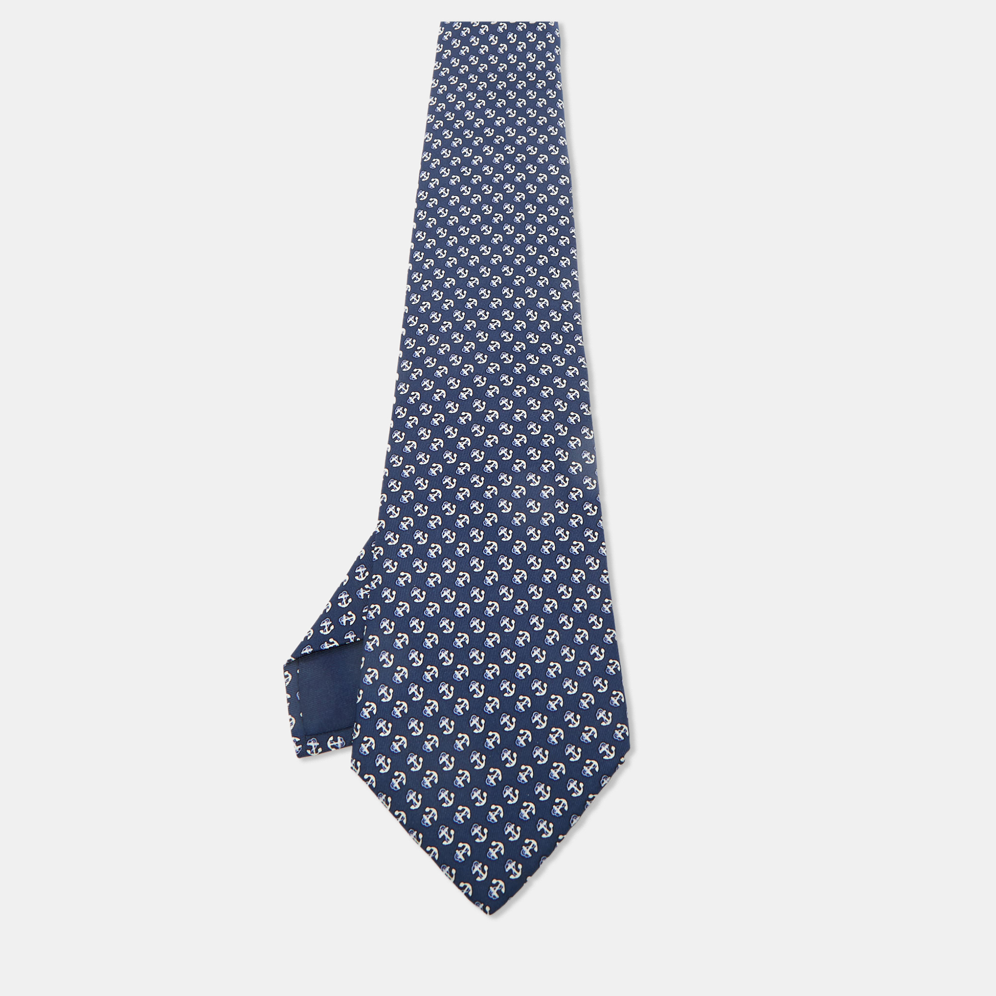 Pre-owned Hermes Hermès Blue Anchor Print Silk Traditional Tie