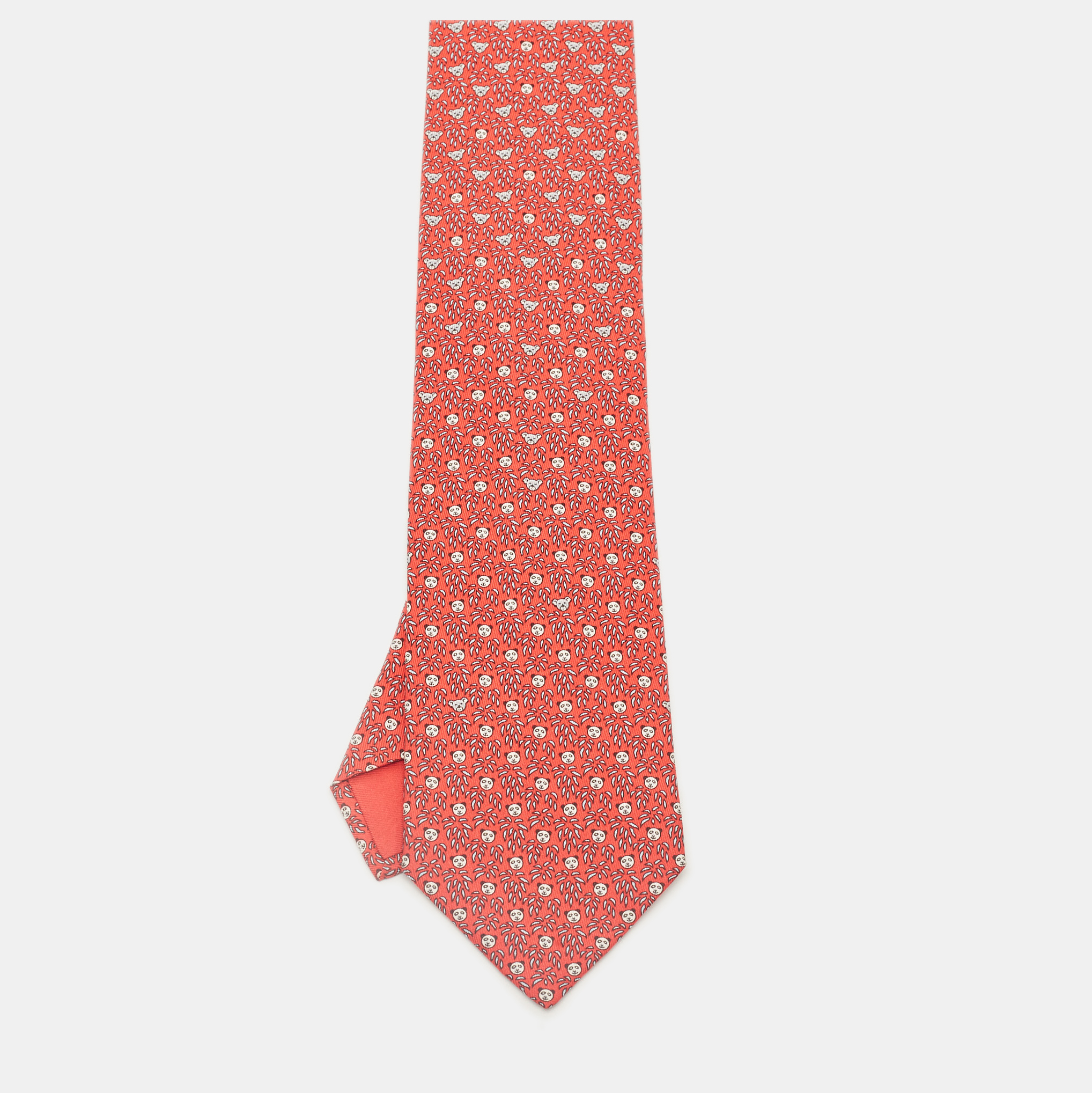 Pre-owned Hermes Hermès Red Panda Print Silk Tie