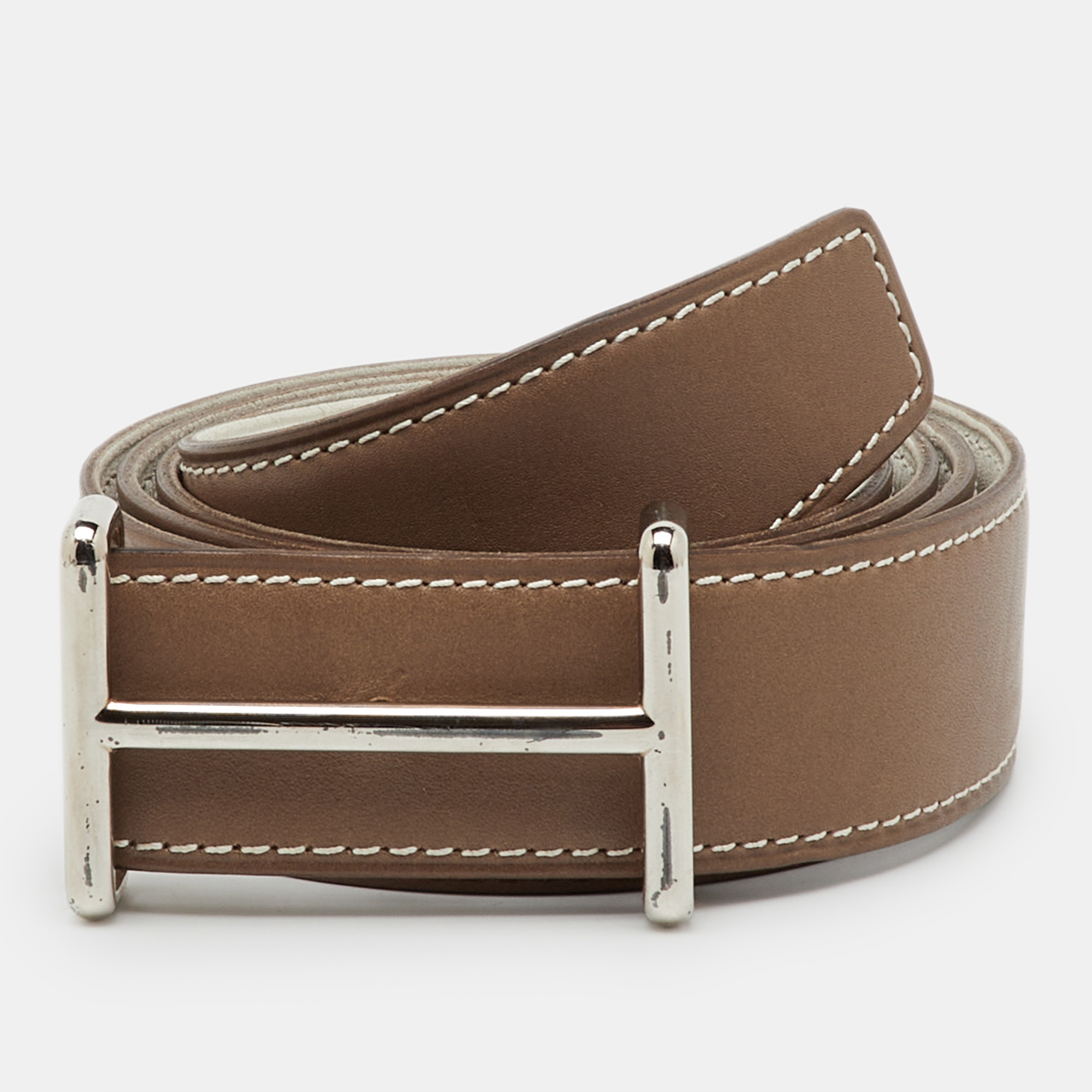 

Hermès Etoupe/Blanc Swift Leather Palladium Finish Reversible Idem Belt, Grey