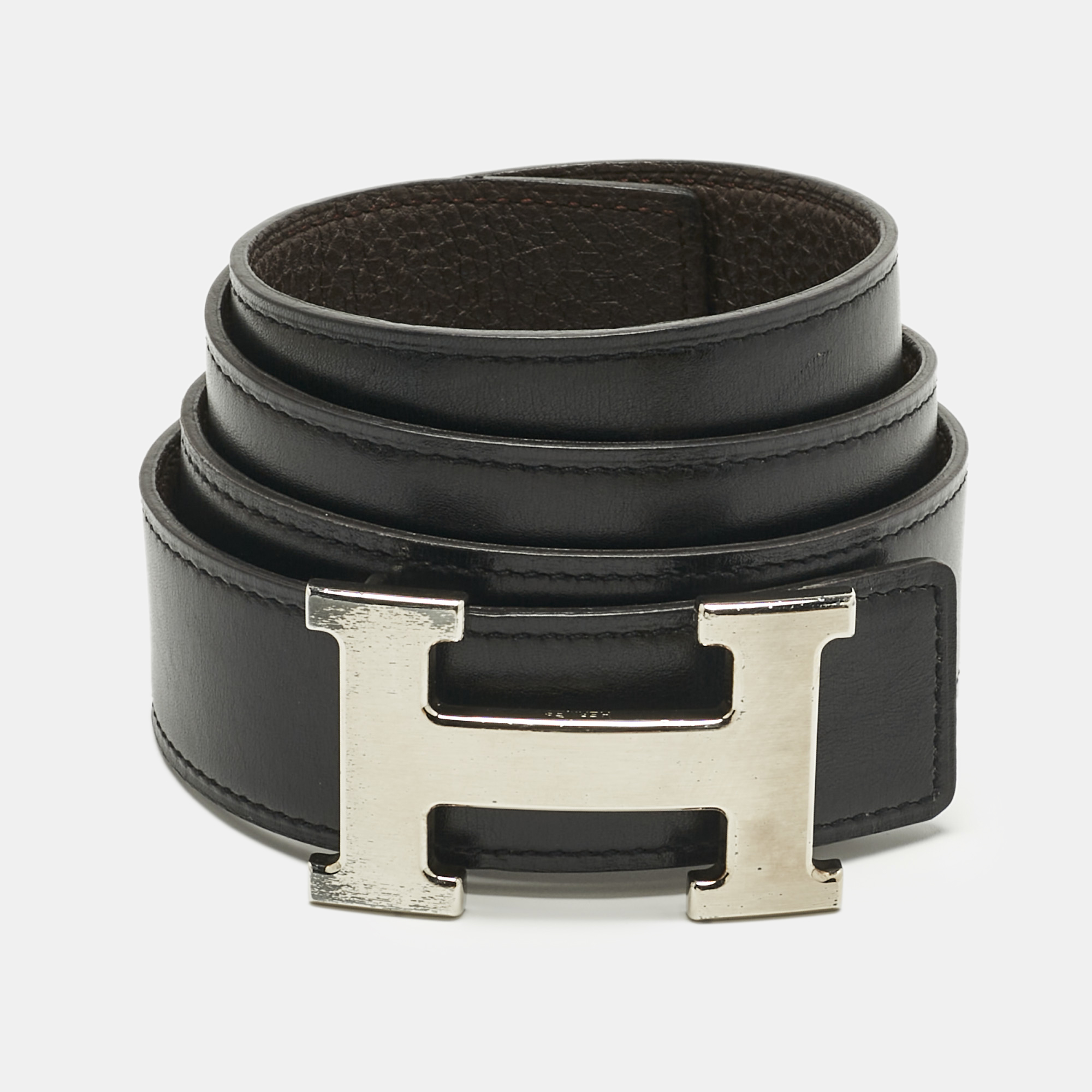 Pre-owned Hermes Chocolat/noir Togo And Box Leather Brushed H Buckle Reversible Belt 85 Cm In Black