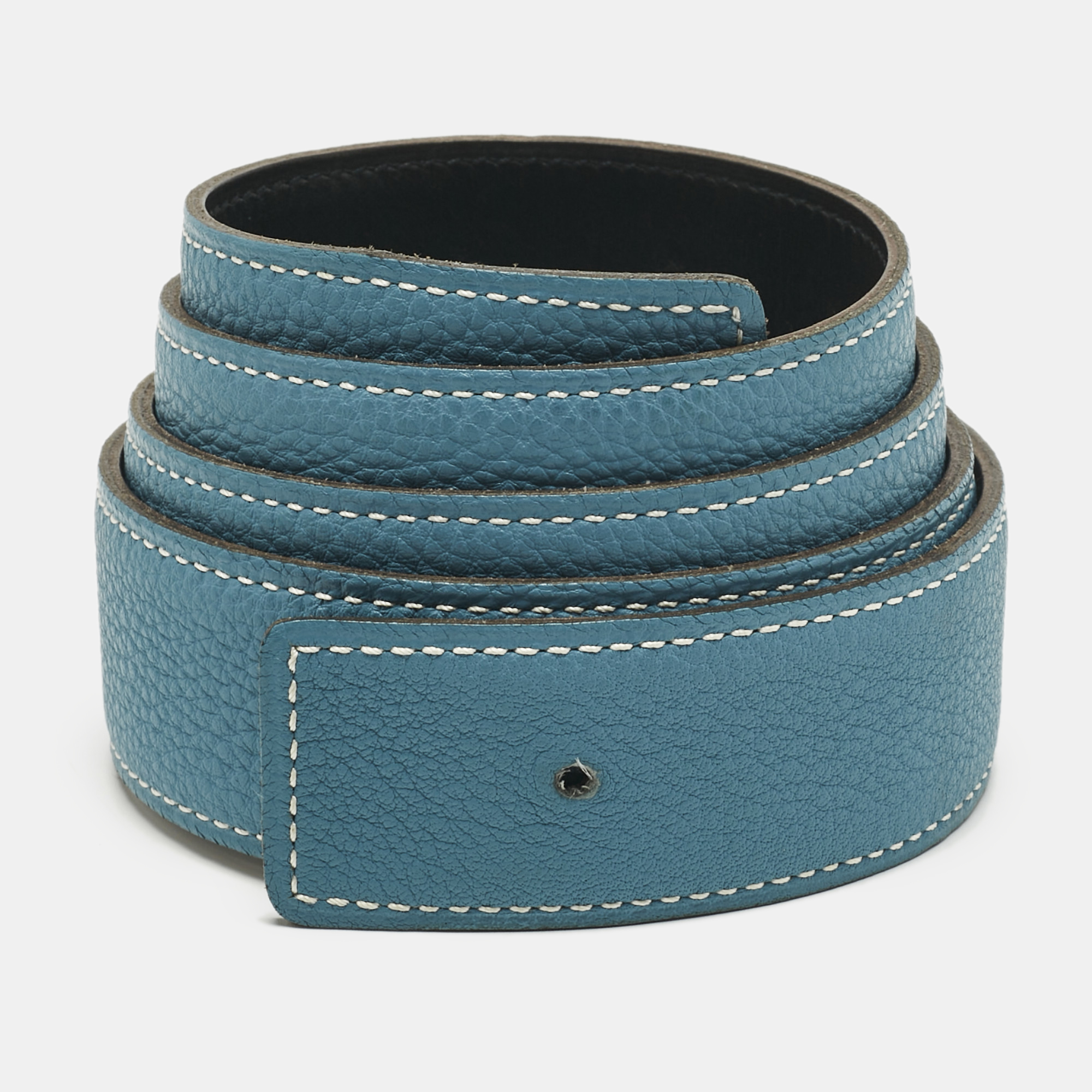 

Hermes Bleu Jean/Noir Togo and Box Leather Reversible Belt Strap, Blue