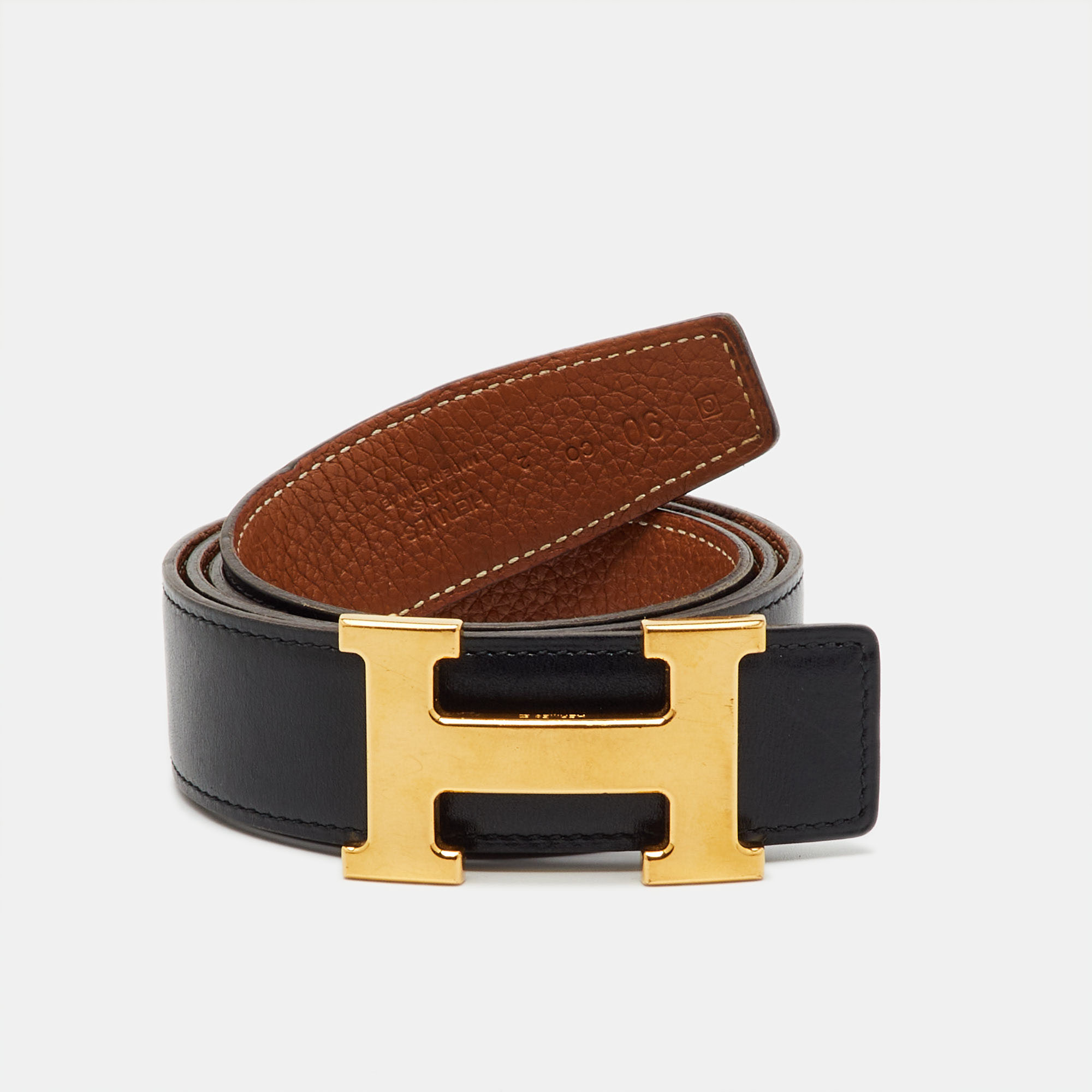 

Hermes Black/Gold Box and Togo Leather Reversible H Buckle Belt