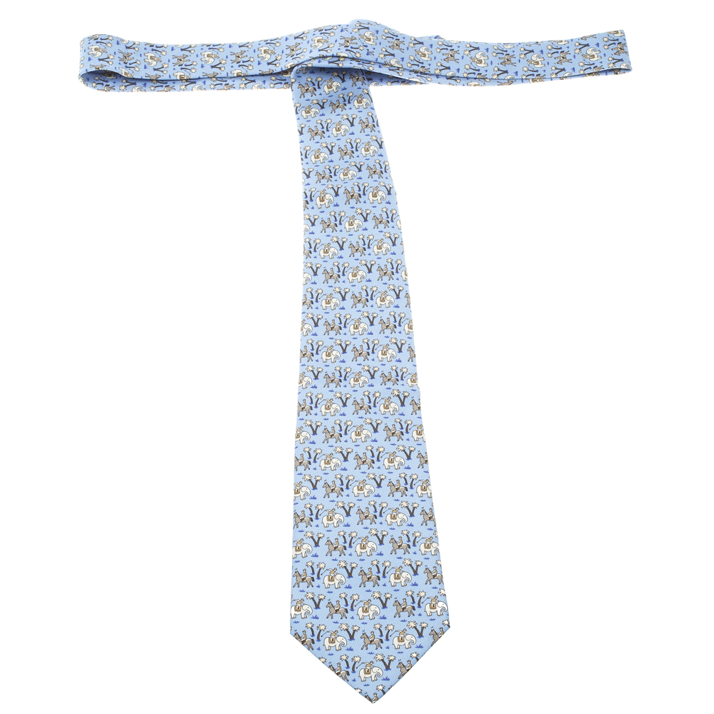 Hermes Blue Elephant and Horse Jockey Print Silk Tie Hermes