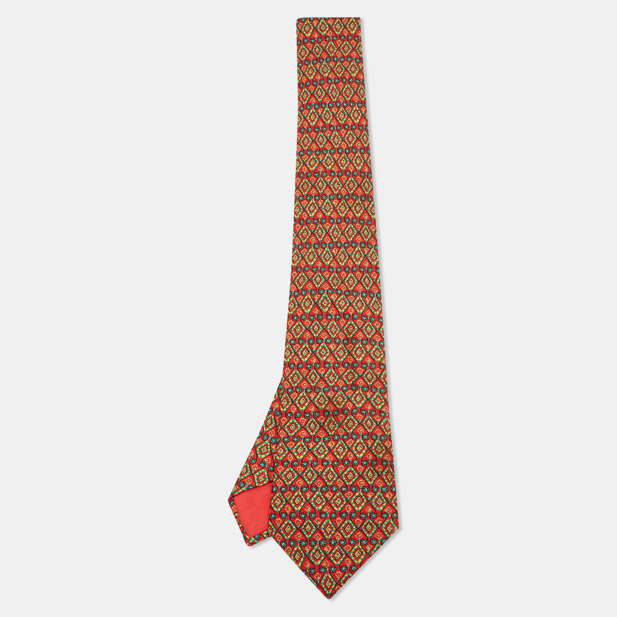 

Hermes Red Geometric Floral Print Silk Tie