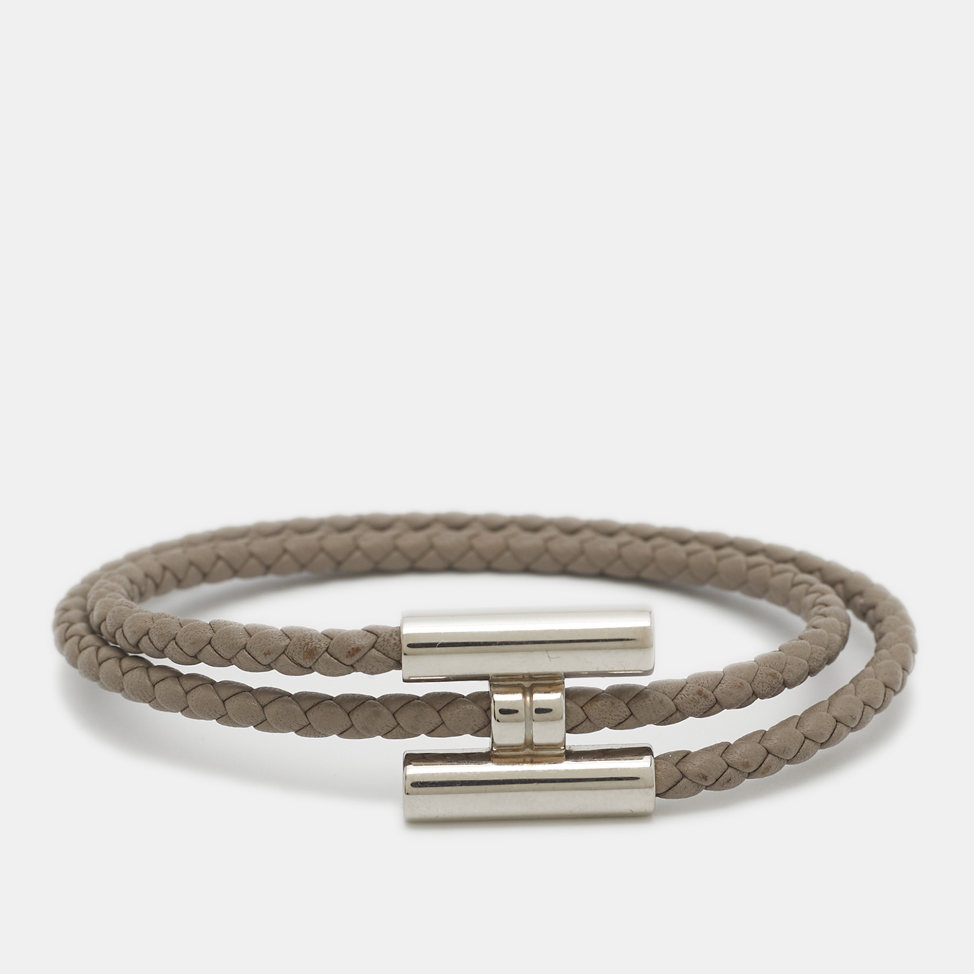

Hermès Tournis Tresse Grey Leather Palladium Plated Bracelet
