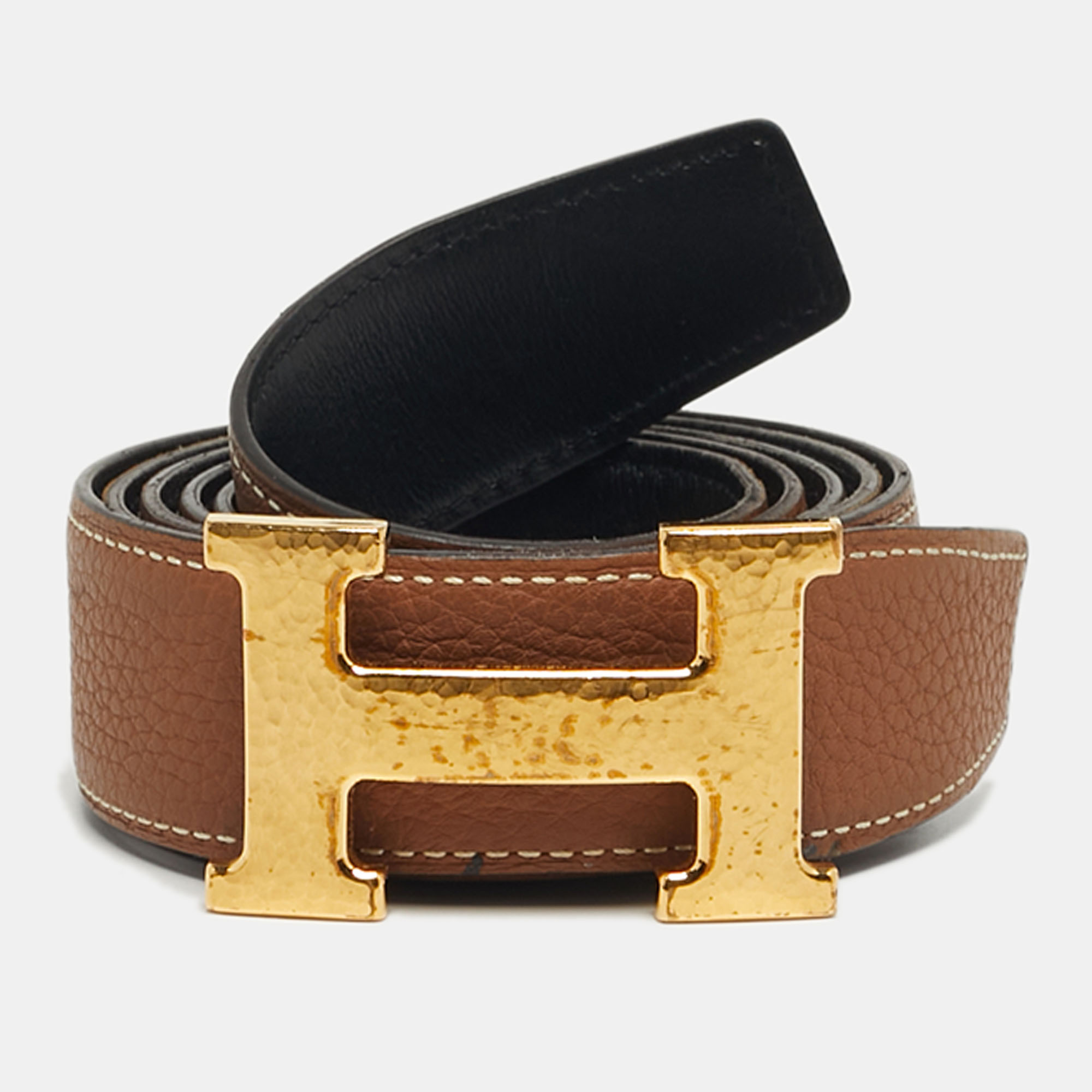 

Hermès Hammered Finish Gold H Buckle 110CM Gold/Black Clemence and Box Leather, Brown