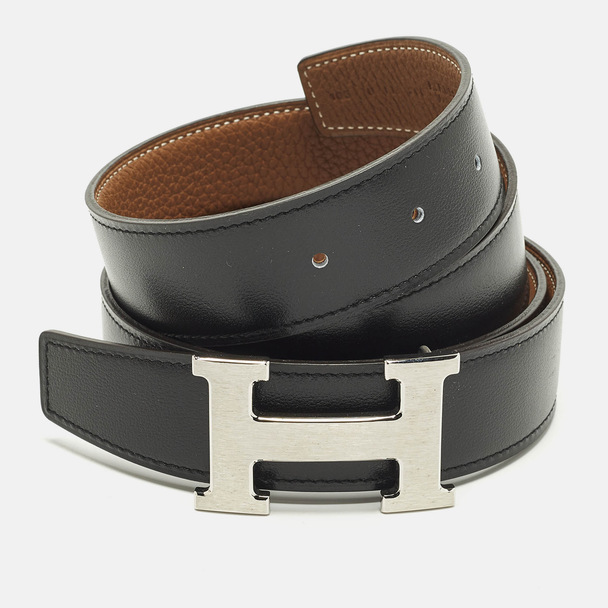 

Hermès Brushed H Buckle  Reversible Belt Noir/Gold Box and Togo Leather, Black