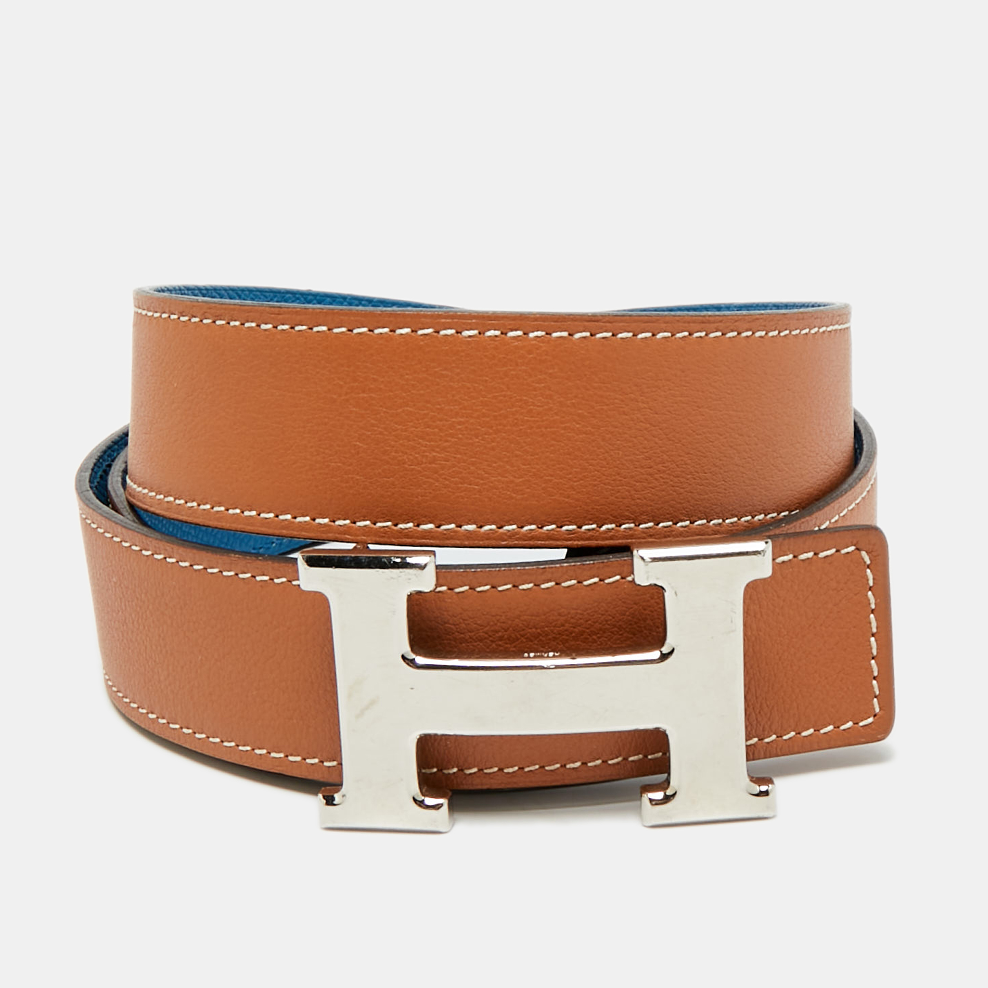

Hermes H  Reversible Buckle Belt Gold/Bleu Zanzibar Swift and Epsom Leather, Brown