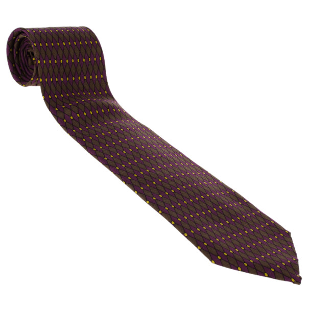 Pre Owned Hermes Purple Diamond Print Silk Tie