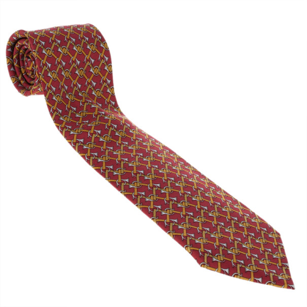 مملوكة مسبقًا Hermes Red Trumpet Horns Print Silk Tie
