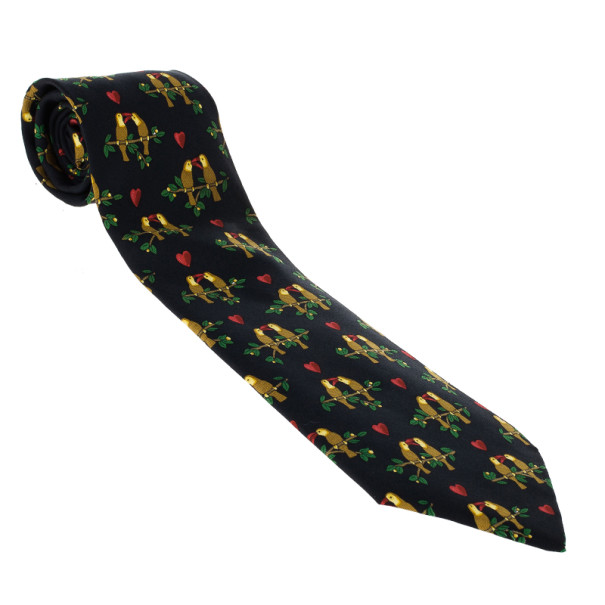 Pre Owned Hermes Black Love Bird Print Vintage Silk Tie