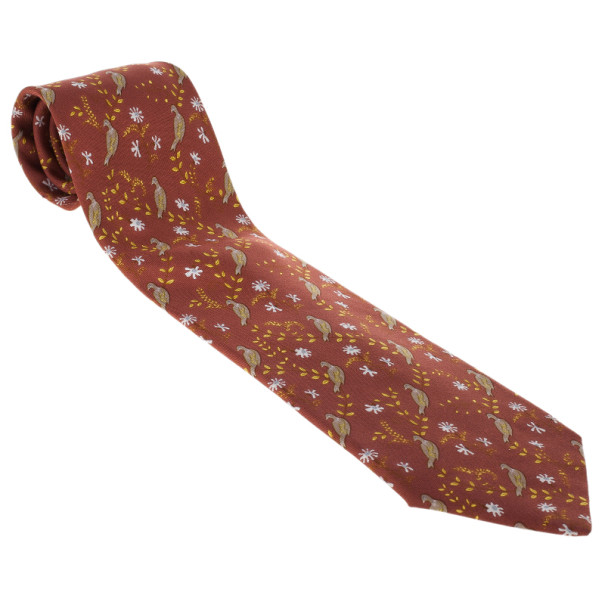 Pre Owned Hermes Brown Bird and Flowers Print Silk Tie