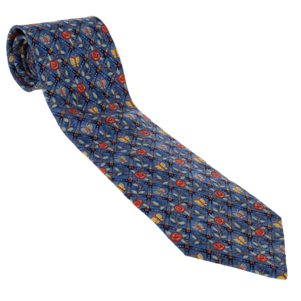 Hermes Blue Butterfly and Floral Print Silk Tie