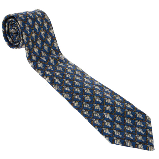 Hermes Blue Ribbon Print Silk Tie