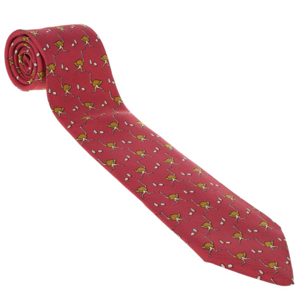 Pre Owned Hermes Red Ostrich and Egg Print Silk Tie