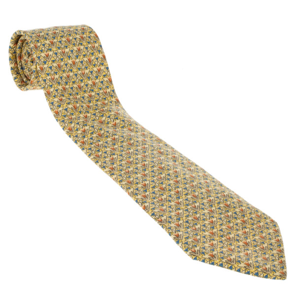 Pre Owned Hermes Yellow Floral Print Silk Tie