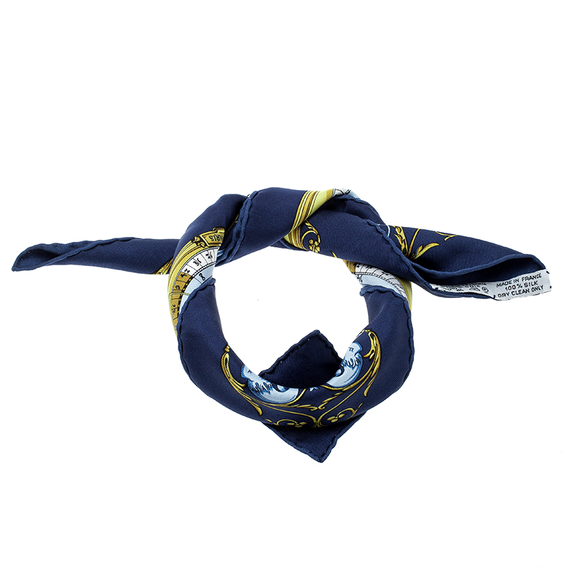 Hermes Navy Blue Printed Silk Dies et Hore Pocket Square